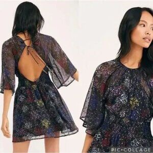 Free People Anna Open Back Chiffon Mini Dress Black Multi XL EUC